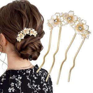 Pearl Flower Hair Clips for Women U-Shaped French Hair Pin Flower Hairclips Gold Hairpin Clip Metal Bun Maker Floral Hairpins Wedding Hair Accessories for Girls Ladies Brides Bridesmaids