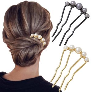 2Pcs Pearl U Shaped Hair Pins Bridal Hair Side Comb Fashion Elegant Metal Hair Pin Vintage Hair Fork Clips for Women Girls French Pearl Hairpin Hair Styling Accessories for Wedding Party Holiday Daily