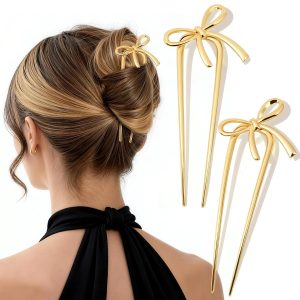 2PCS Gold Metal French Hair Pins for Women Girls, Elegant U Shaped Hair Pin with Bow Design, French Twist Hair Pins for Buns Updos - 5.5 Inches Large Secure Hold Hairpin Styling Accessories Gifts