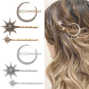 6 Pieces Rhinestone Stars Moon Hair Clips Vintage Star Hairpins Crystal Decorative Bobby Pins Metal Alloy Hair Pins Snowflake Side Clip Hair Accessories for Women (Silver, Gold)