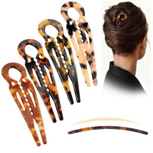 4PCS  French Hair Pins Tortoise Shell Acetate Hairpins for Women - Elegant Styling Accessories for Buns Twist Updos U-Shaped Curved Serrated Strong Grip for Thick/Long Hair(4.3 Inch, Large)