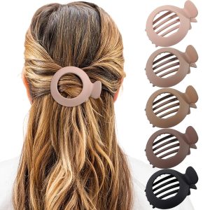 5Pcs Flat Claw Hair Clips for Women with Thin & Thick hair, Non-slip Round Jaw Clamp for Lying Down Hollow Hairpin Clips (Matte Neutral, S for Thin Hair(L:3"*W:2.4")