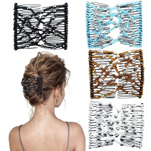 4 Pieces Elastic Beaded Magic Hair Comb Stretchy Double Comb Hair Fork Clips No Crease Hairpins Combs for Women Girls Vintage Hairstyle Multipurpose Hair Accessories, 4 Color (Beads Style)